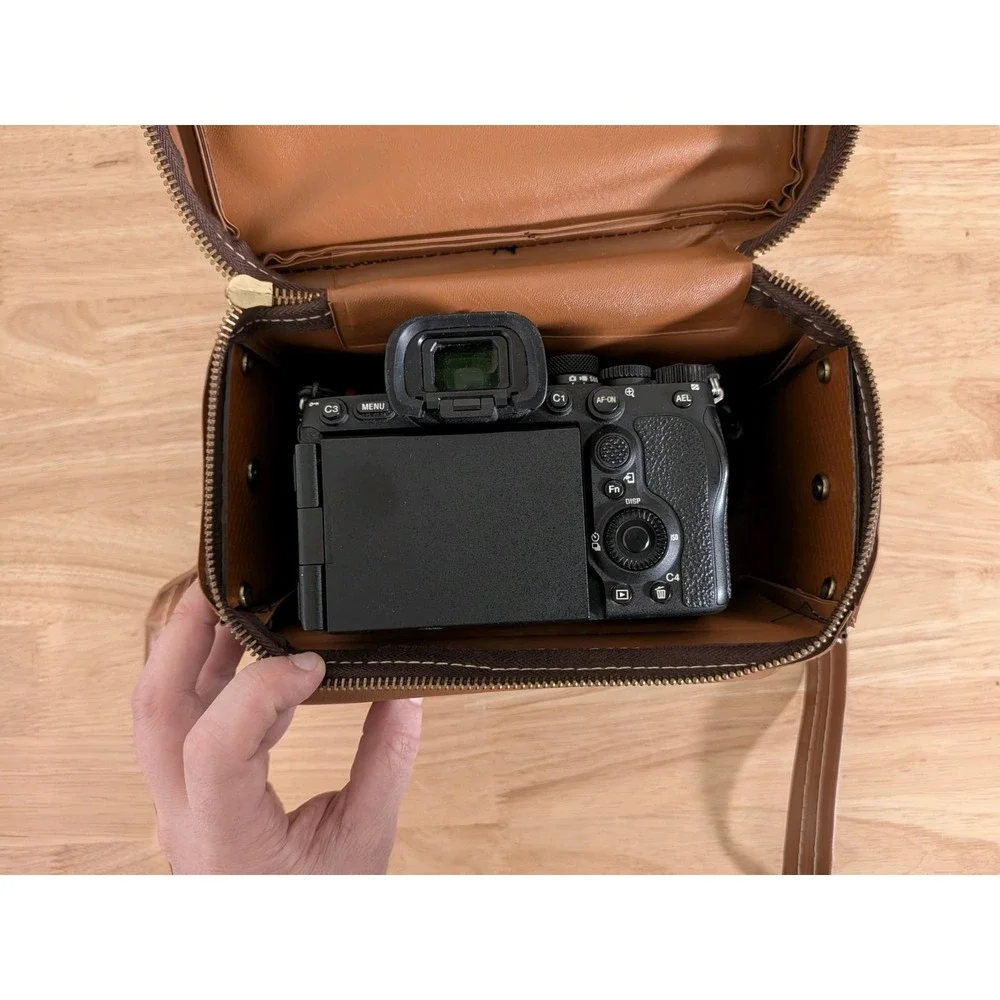 Leather Style Camera Bag -  With Strap - Brown  Minimal